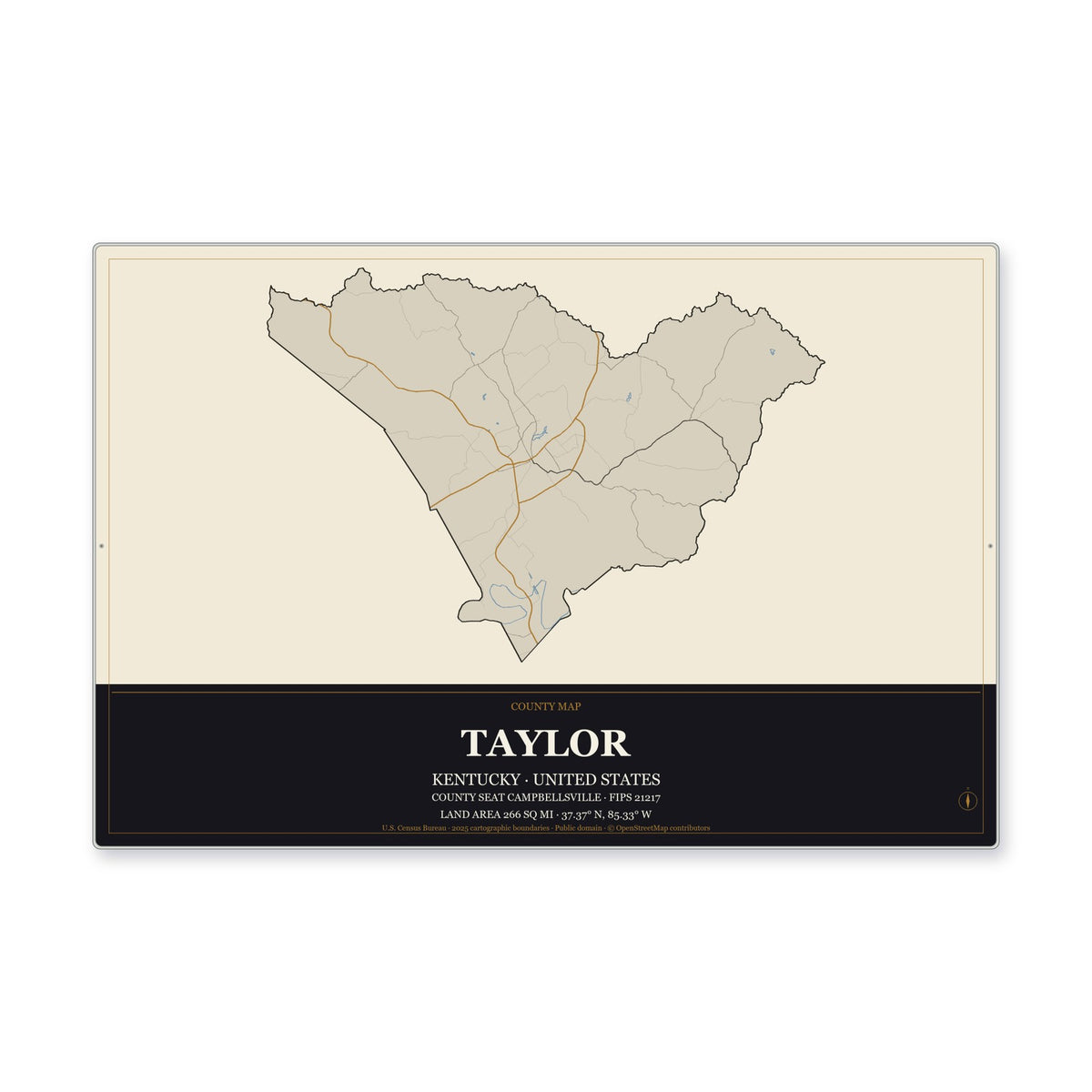 Taylor County, Kentucky Map Aluminum Sign in Museum Plaque style