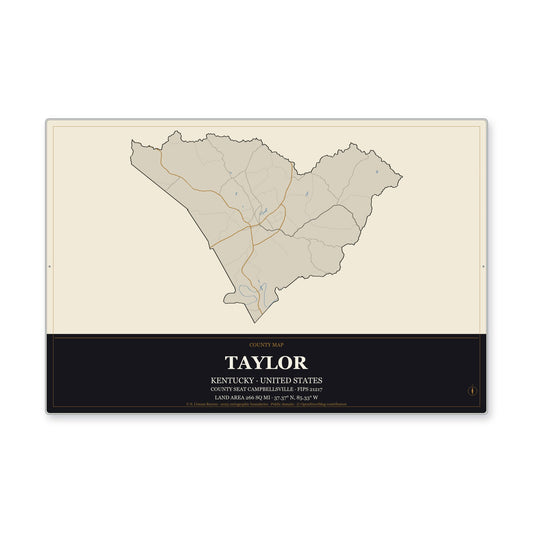 Taylor County, Kentucky Map Aluminum Sign in Museum Plaque style