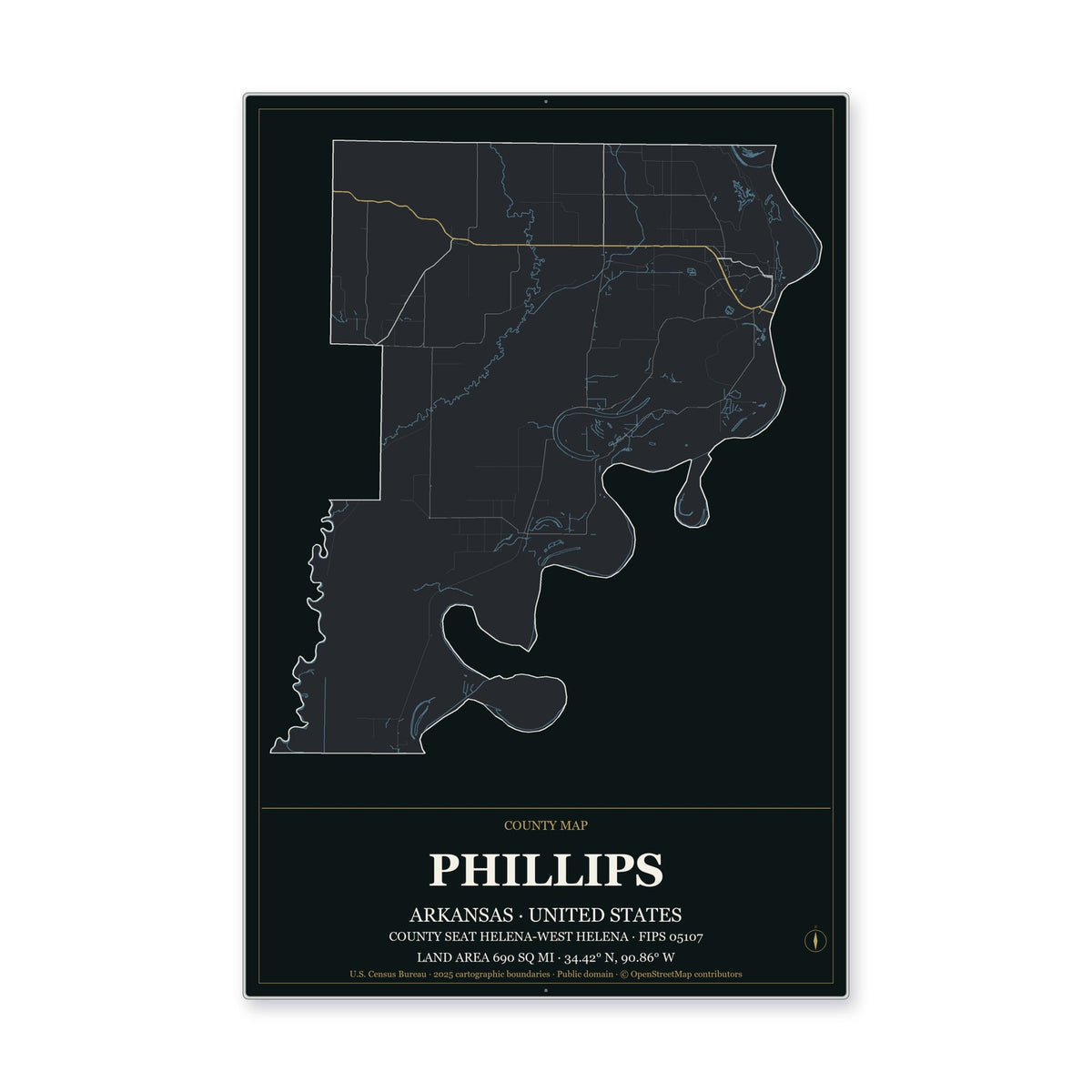 Phillips County, Arkansas Map Aluminum Sign in Metropolitan Noir style