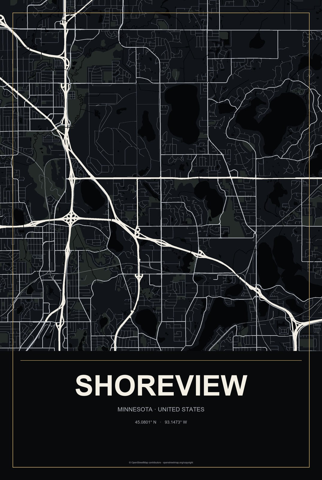 Shoreview, Minnesota City Map Aluminum Sign in Metropolitan Noir style