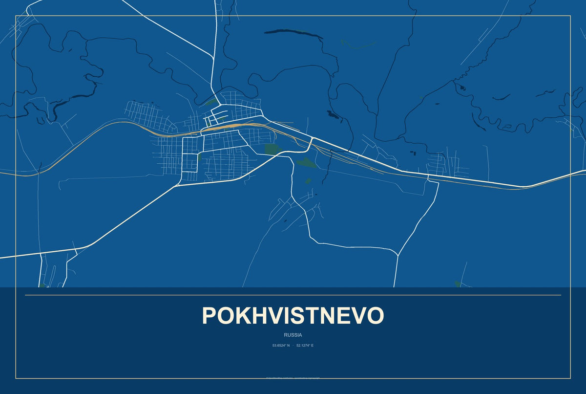Pokhvistnevo, Russia City Map Aluminum Sign in Harbor Cobalt style