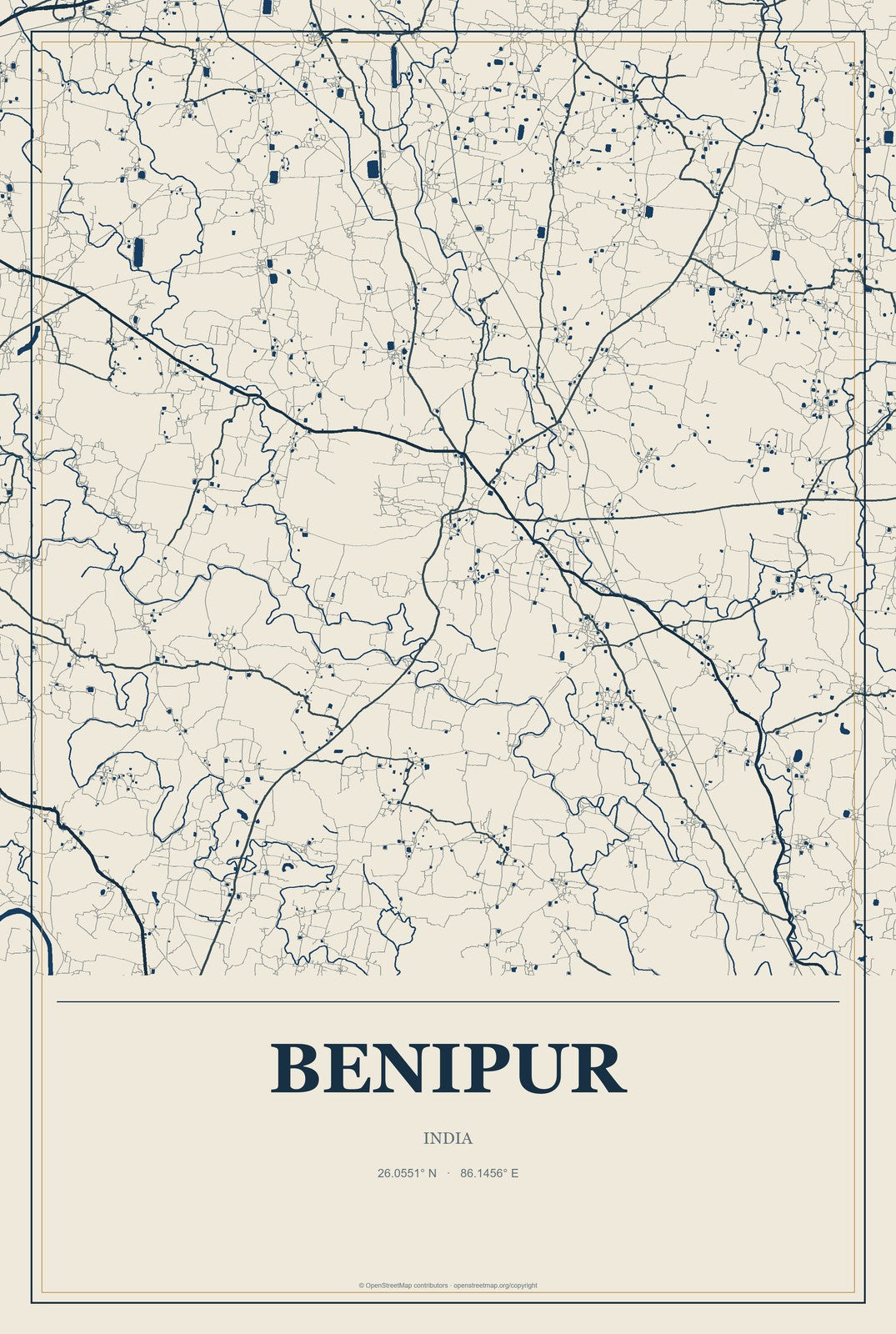 Benipur, India City Map Aluminum Sign in Coastal Cutout style