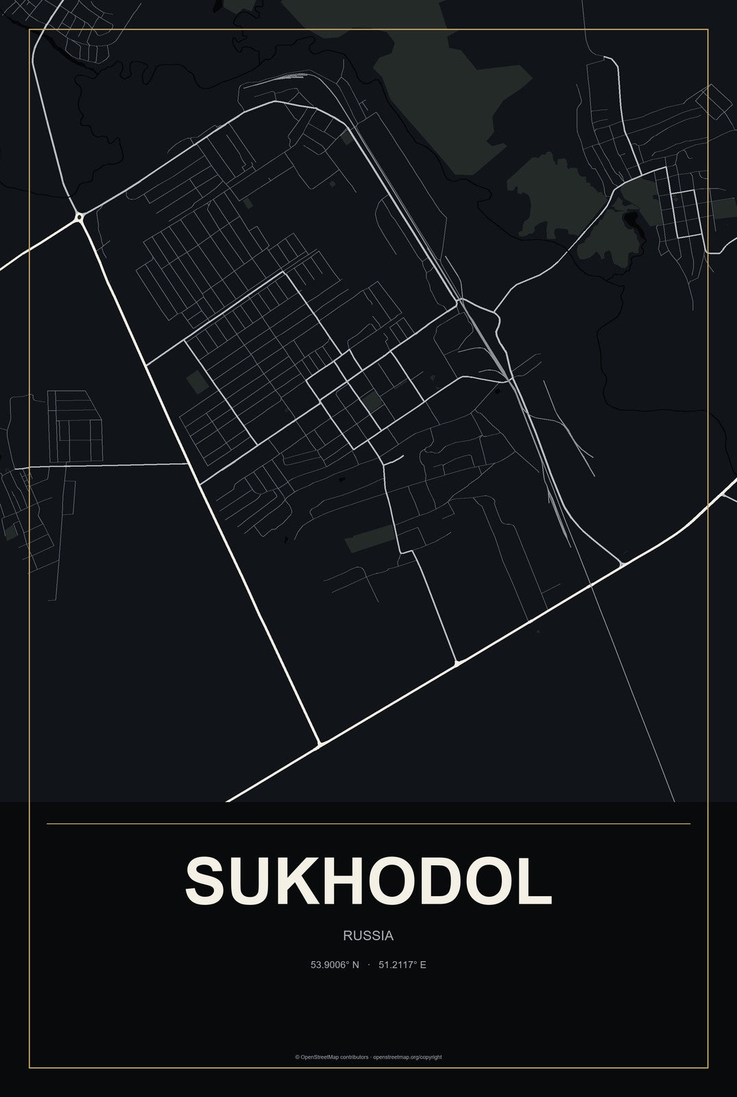 Sukhodol, Russia City Map Aluminum Sign in Metropolitan Noir style