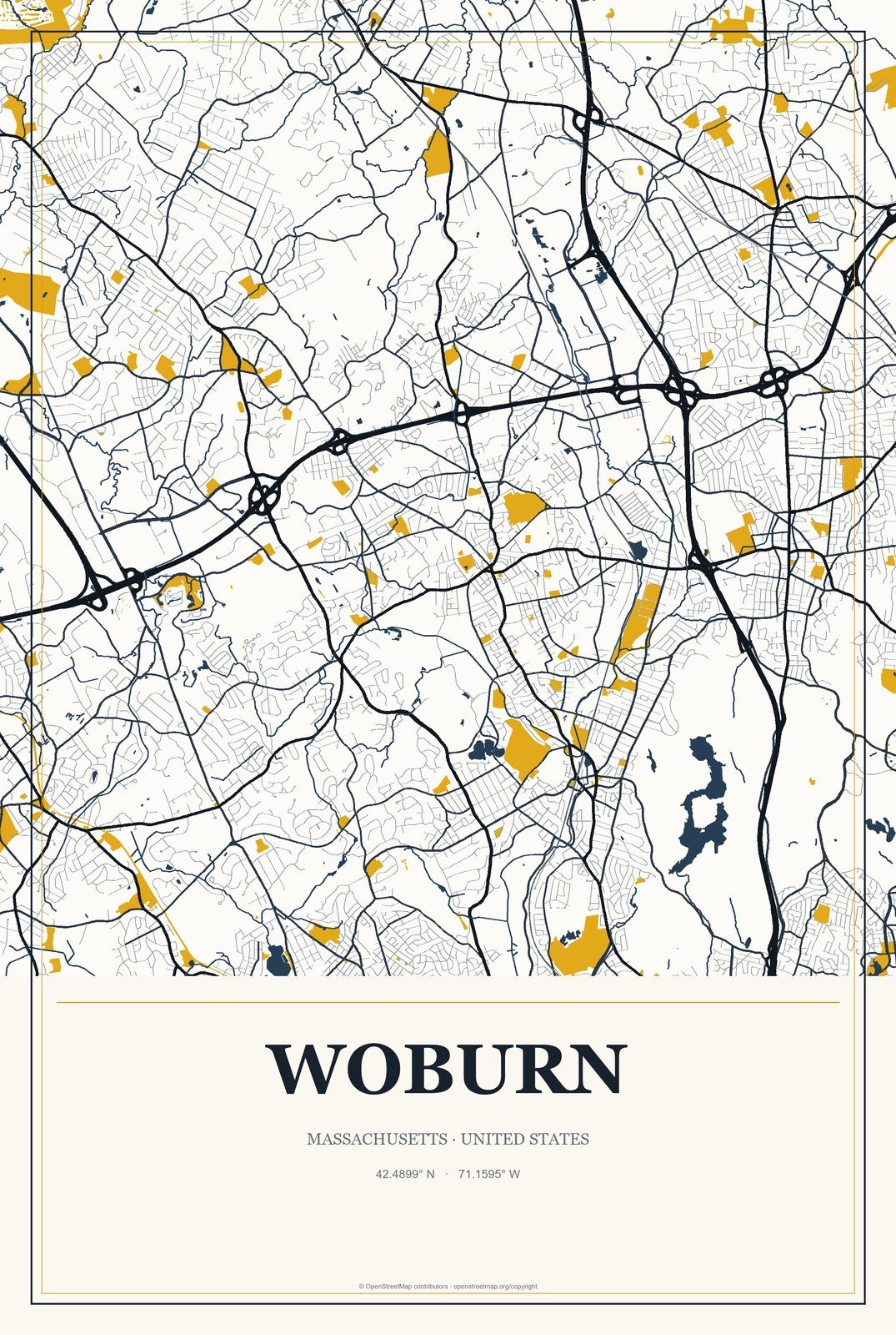 Woburn, Massachusetts City Map Aluminum Sign in Citrine Modern style