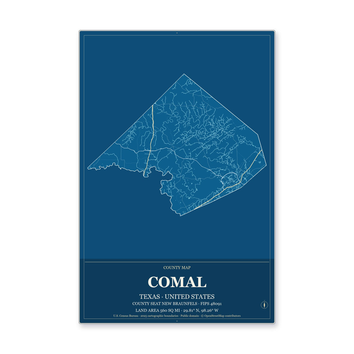Comal County, Texas Map Aluminum Sign in Harbor Cobalt style