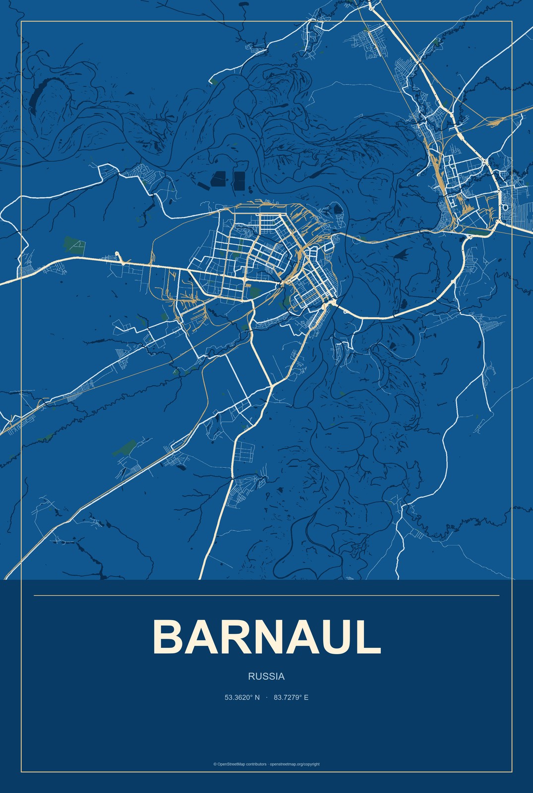 Barnaul, Russia City Map Aluminum Sign in Harbor Cobalt style