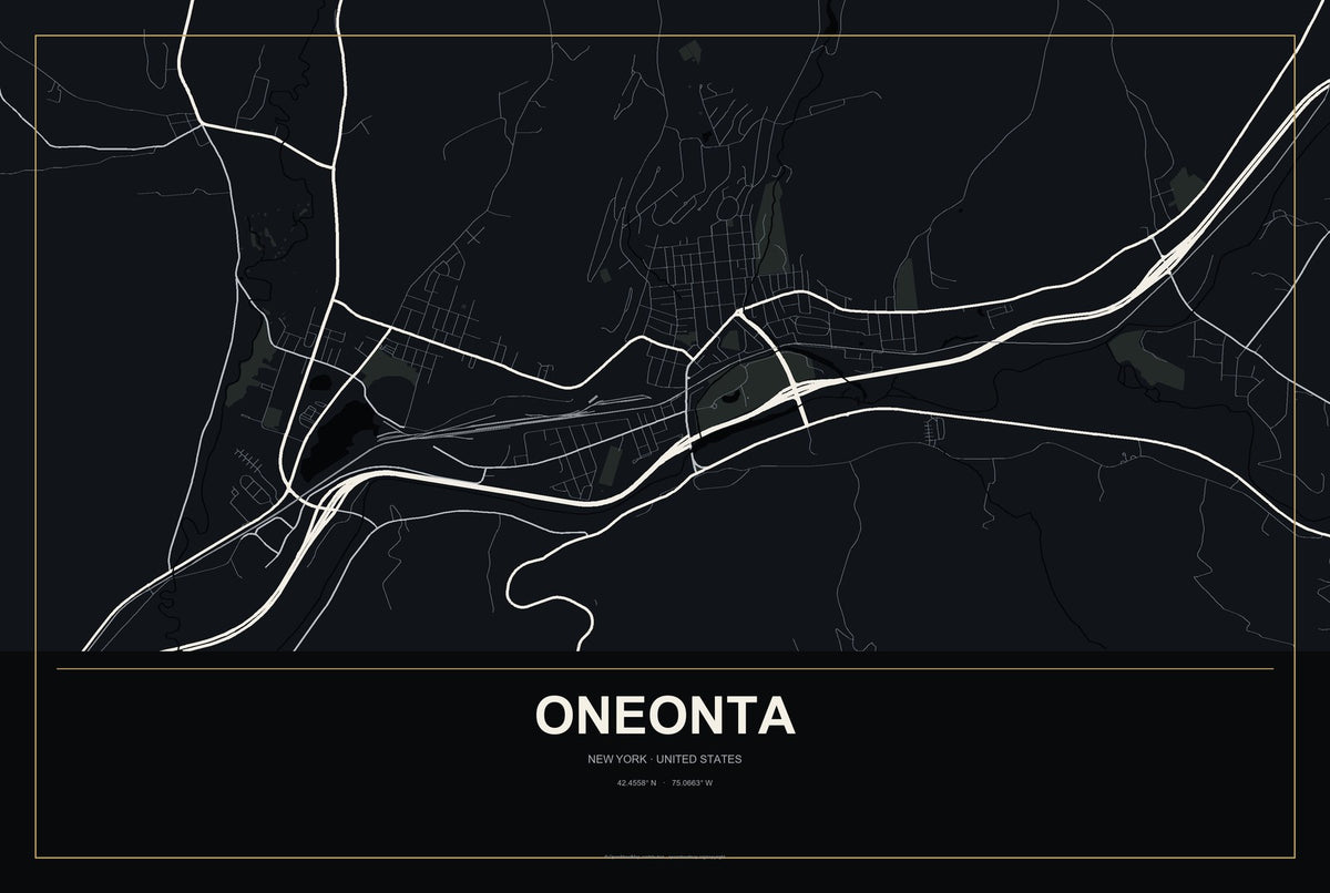 Oneonta, New York City Map Aluminum Sign in Metropolitan Noir style