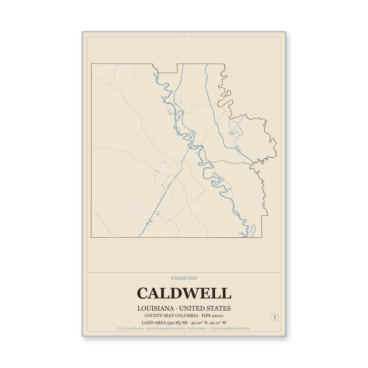 Caldwell Parish, Louisiana Map Aluminum Sign in Heritage Nautical style