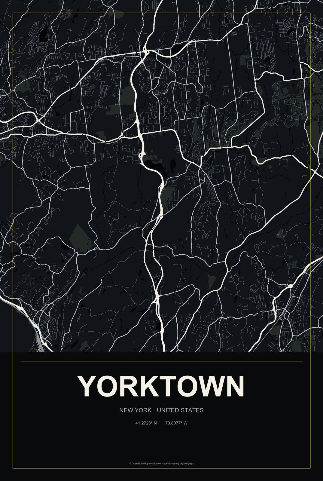 Yorktown, New York City Map Aluminum Sign in Metropolitan Noir style