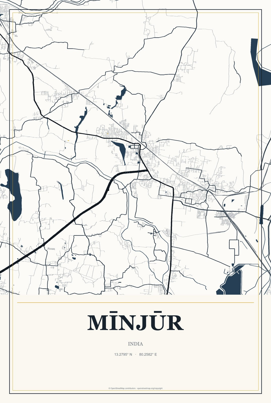 Mīnjūr, India City Map Aluminum Sign in Citrine Modern style