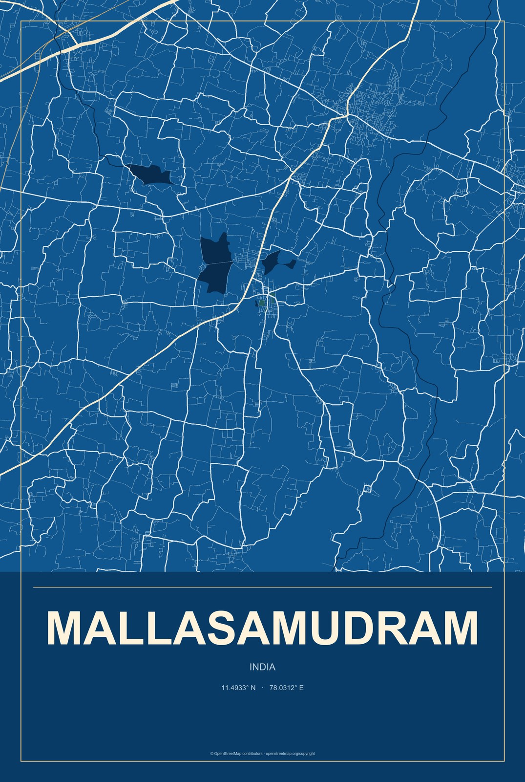 Mallasamudram, India City Map Aluminum Sign in Harbor Cobalt style