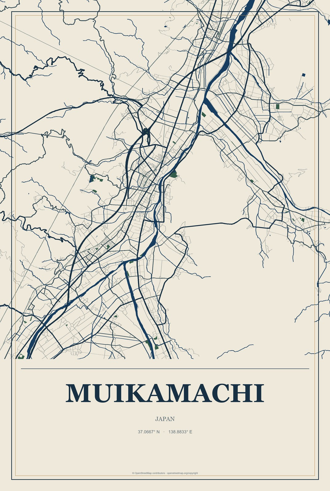 Muikamachi, Japan City Map Aluminum Sign in Coastal Cutout style
