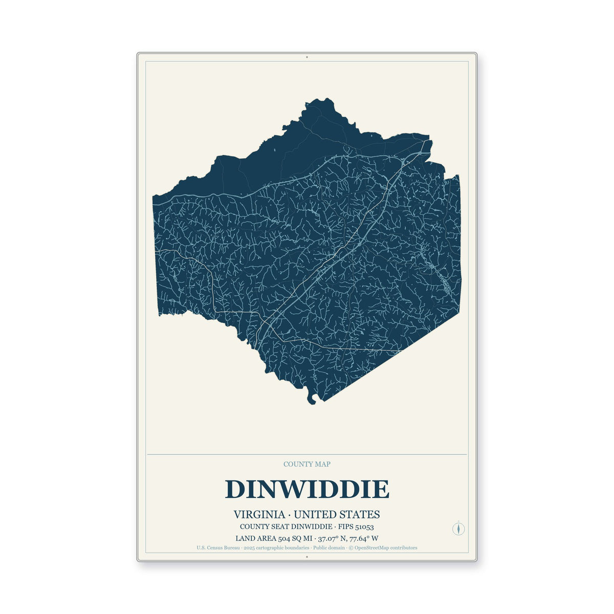 Dinwiddie County, Virginia Map Aluminum Sign in Coastal Cutout style