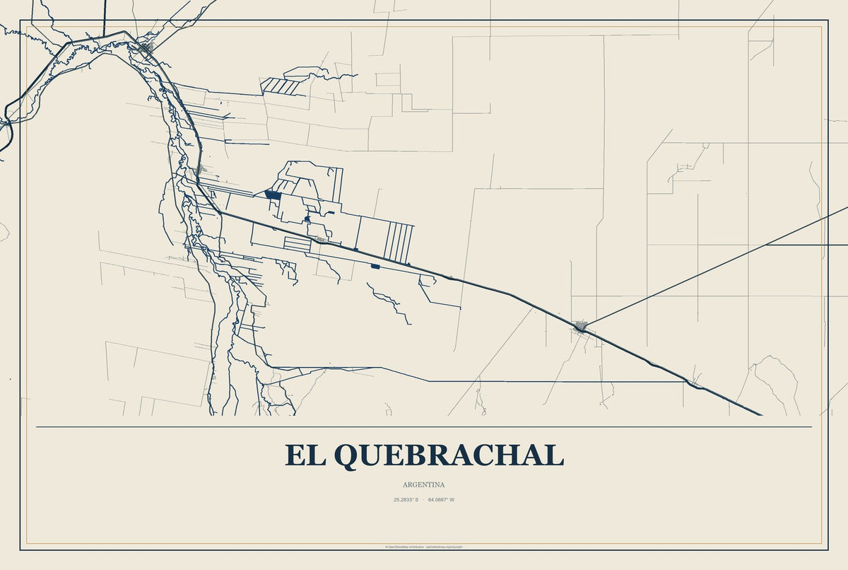 El Quebrachal, Argentina City Map Aluminum Sign in Coastal Cutout style