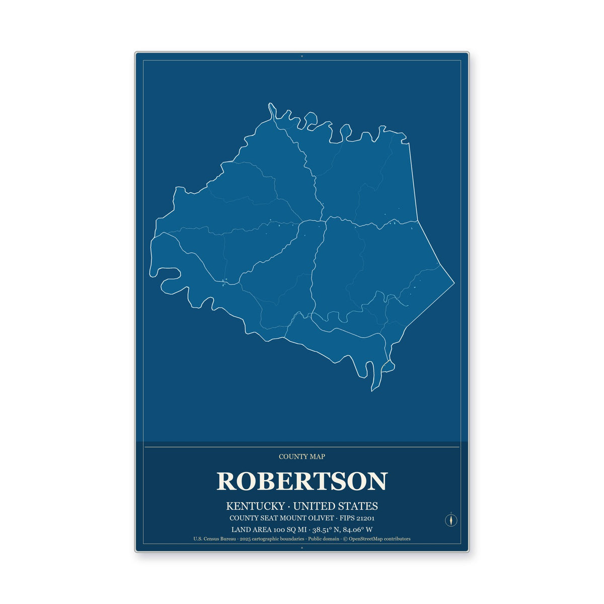 Robertson County, Kentucky Map Aluminum Sign in Harbor Cobalt style