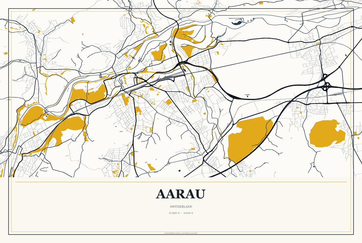 Aarau, Switzerland City Map Aluminum Sign in Citrine Modern style