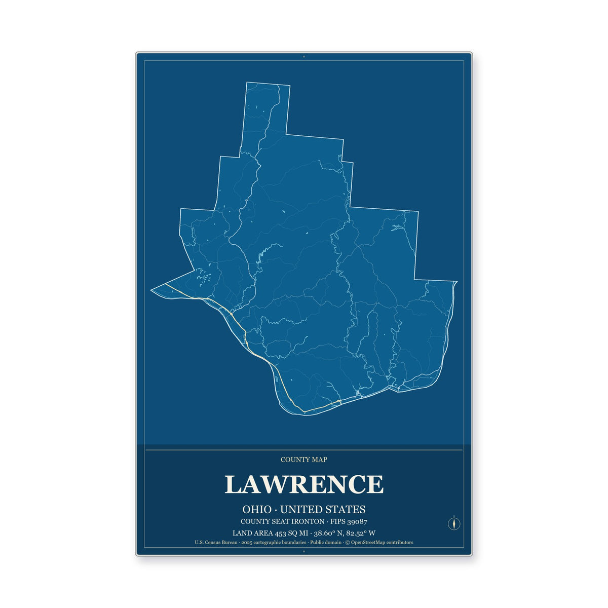 Lawrence County, Ohio Map Aluminum Sign in Harbor Cobalt style