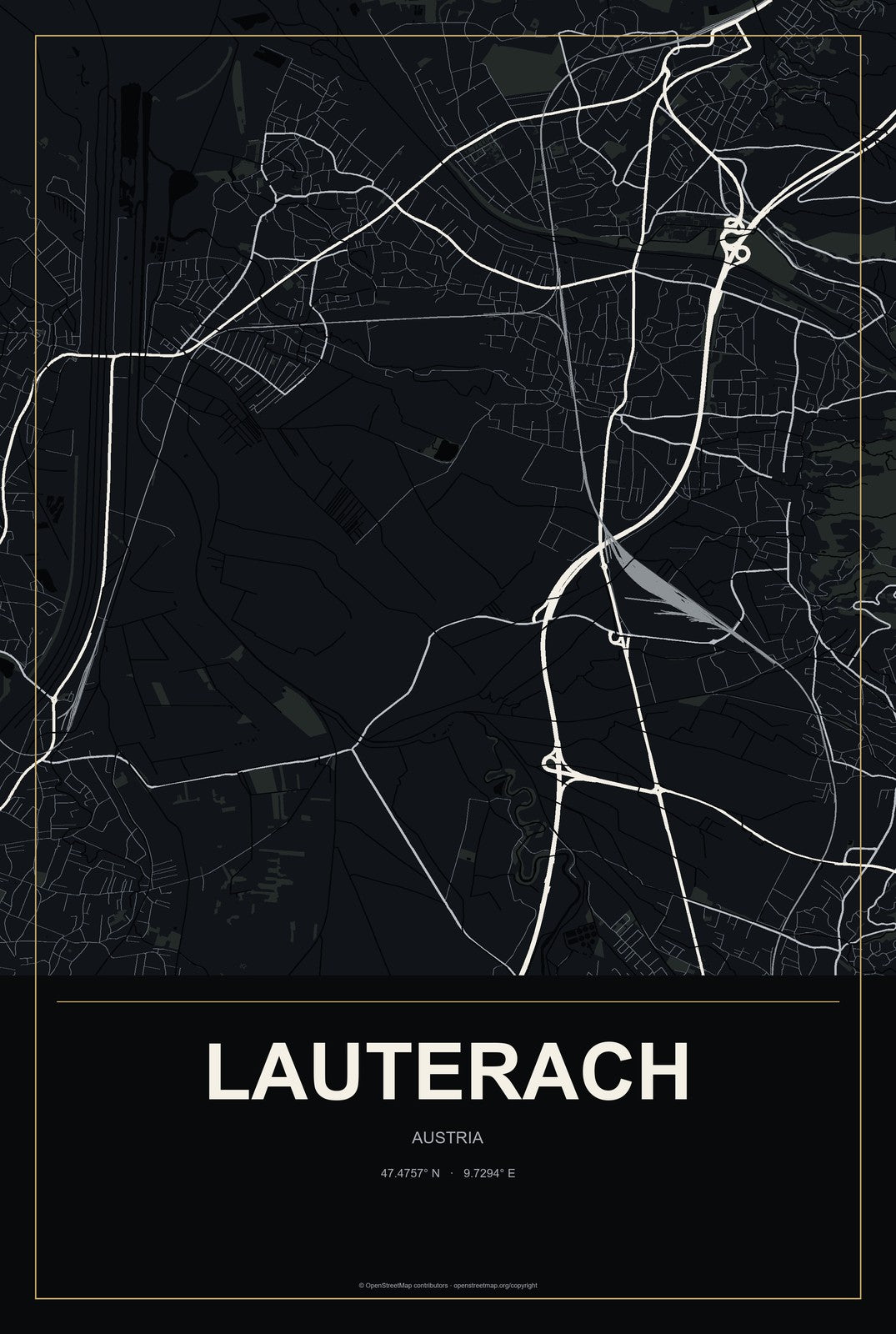Lauterach, Austria City Map Aluminum Sign in Metropolitan Noir style