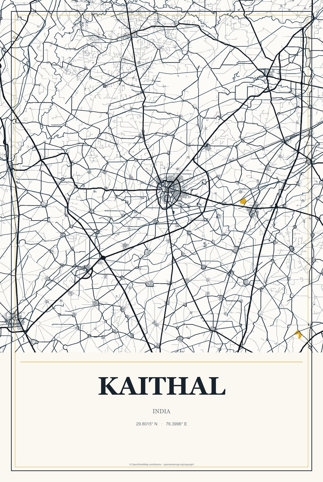 Kaithal, India City Map Aluminum Sign in Citrine Modern style