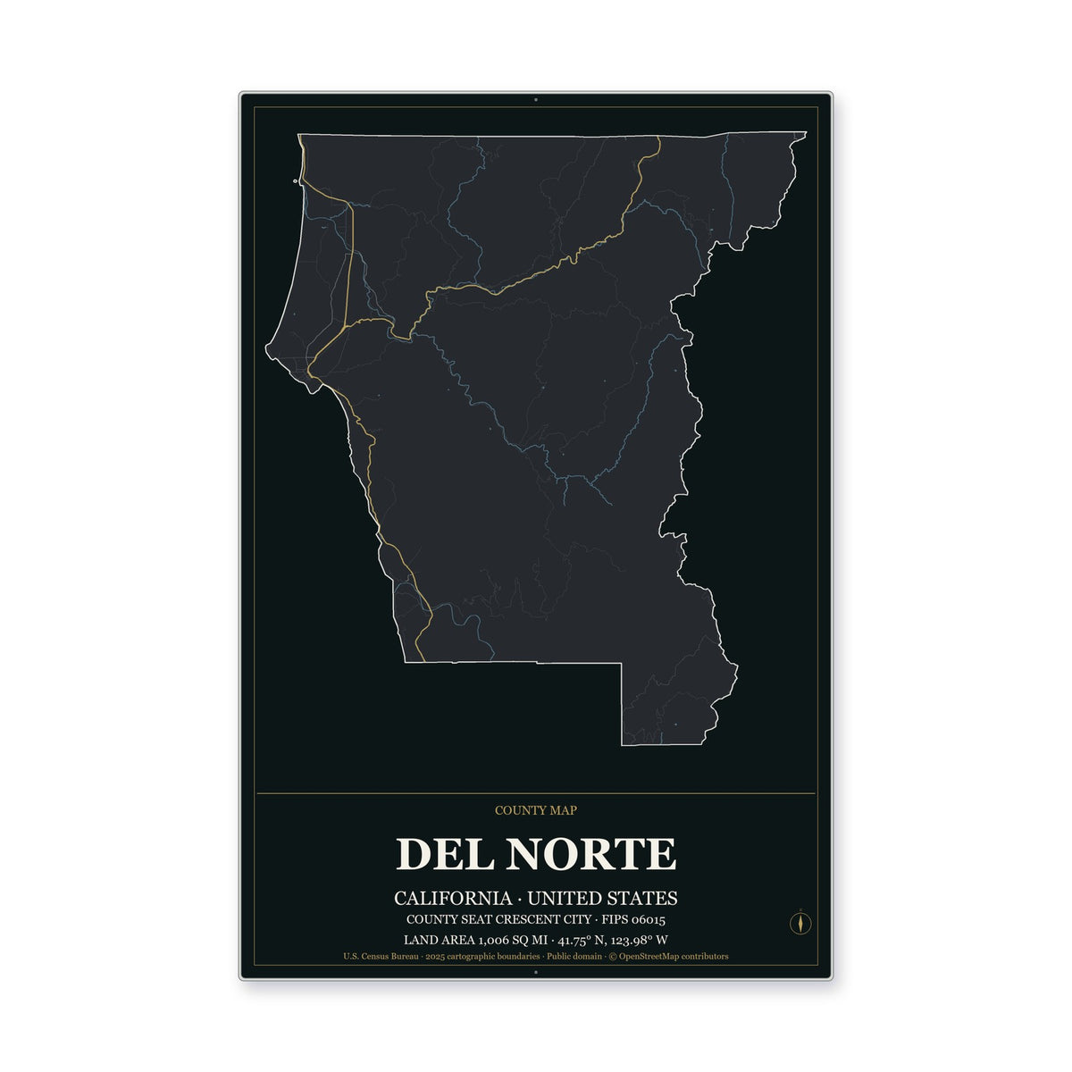 Del Norte County, California Map Aluminum Sign in Metropolitan Noir style