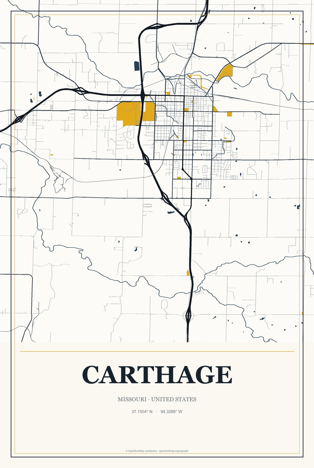 Carthage, Missouri City Map Aluminum Sign in Citrine Modern style