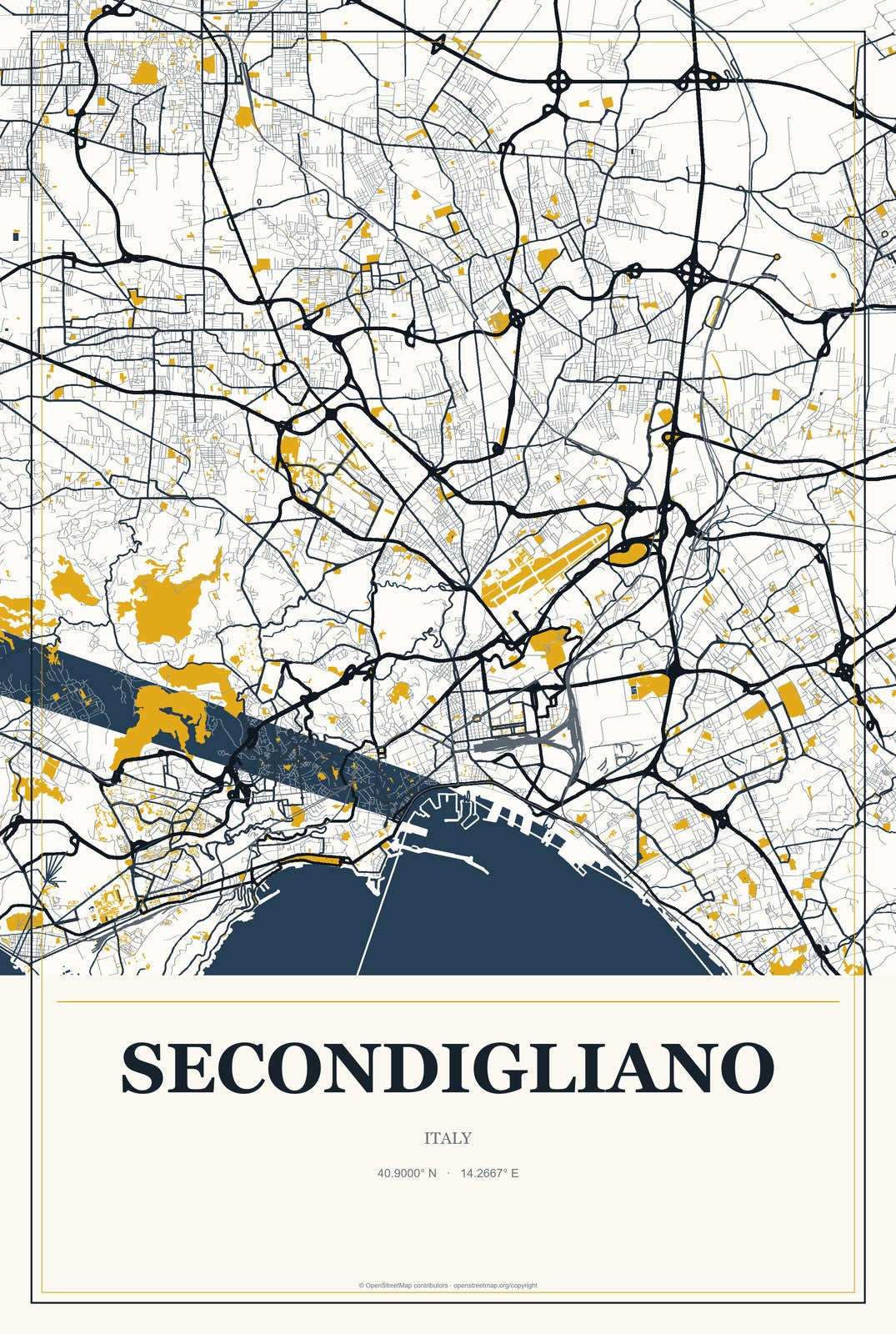 Secondigliano, Italy City Map Aluminum Sign in Citrine Modern style