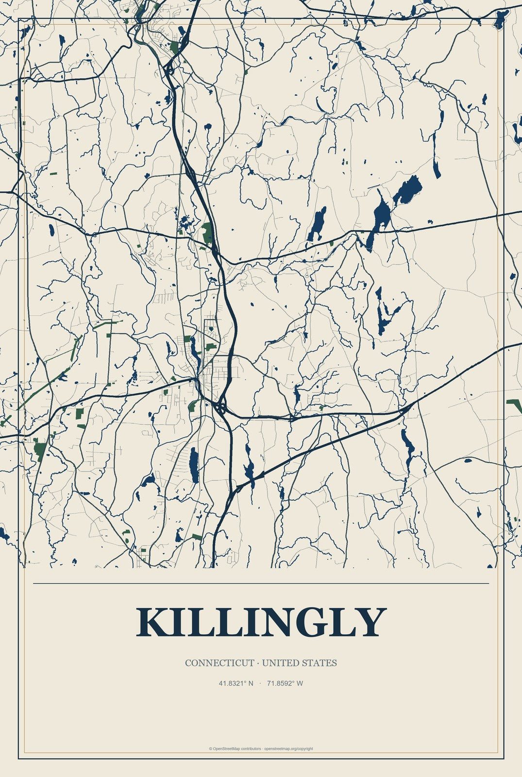 Killingly, Connecticut City Map Aluminum Sign in Coastal Cutout style