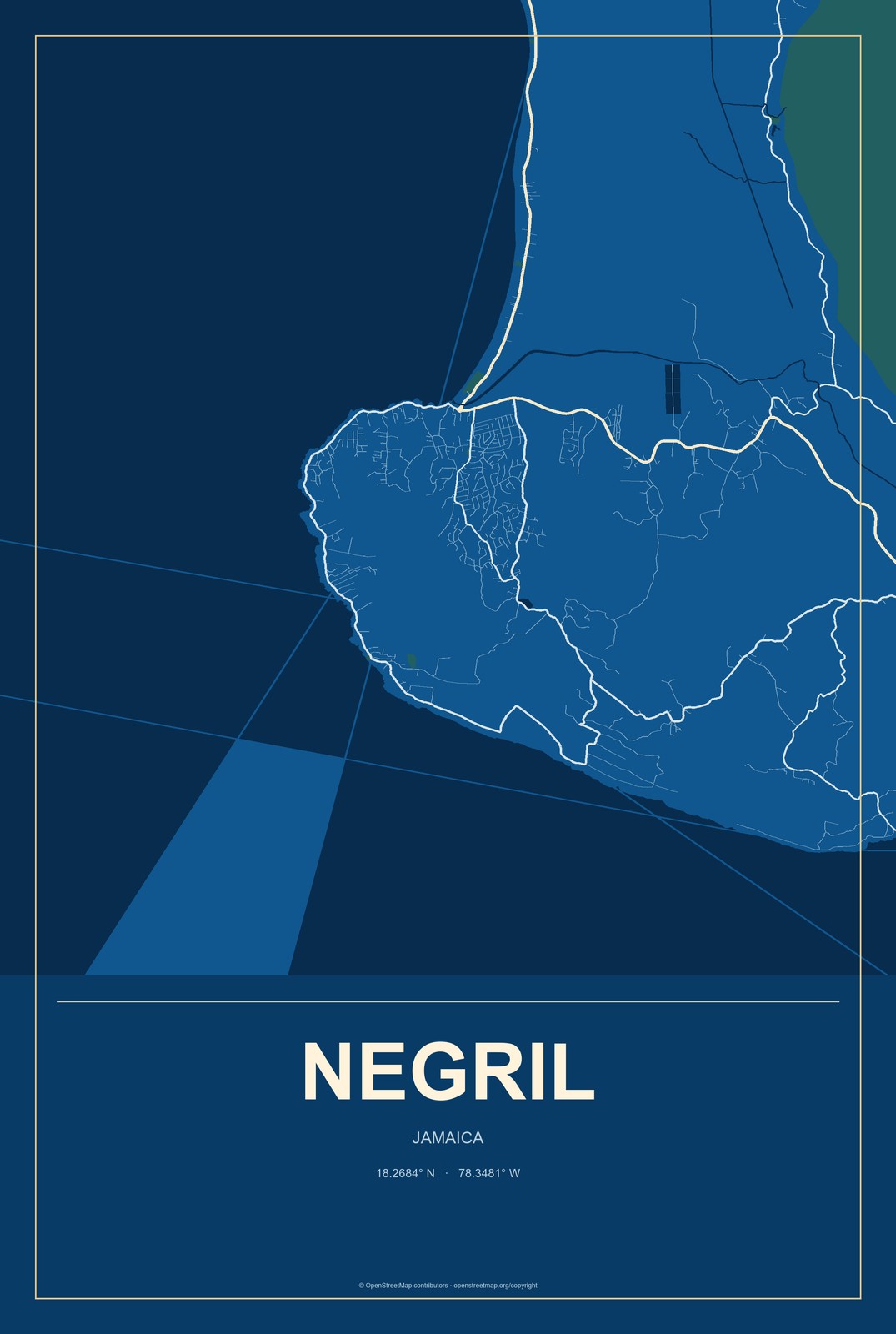 Negril, Jamaica City Map Aluminum Sign in Harbor Cobalt style
