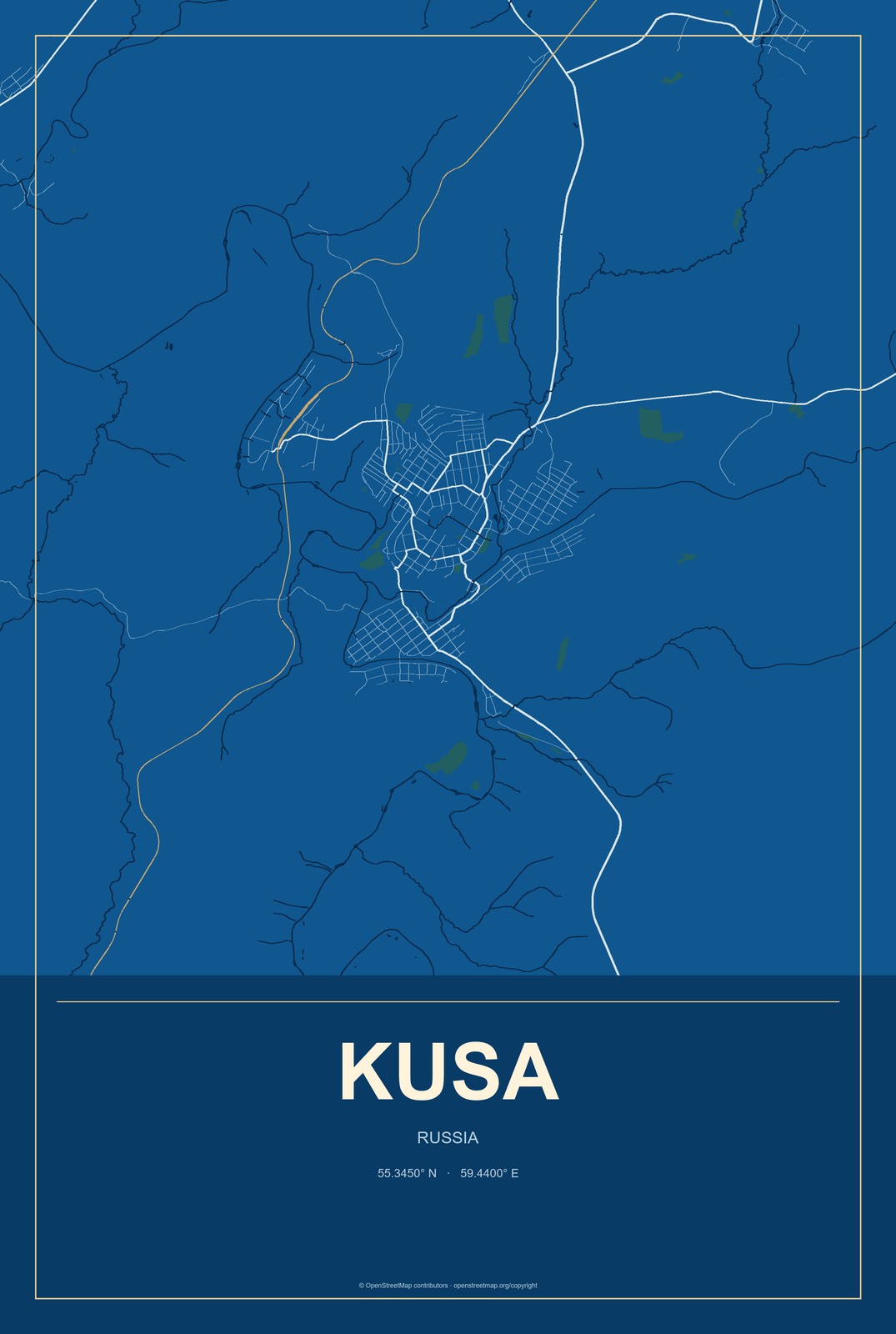 Kusa, Russia City Map Aluminum Sign in Harbor Cobalt style