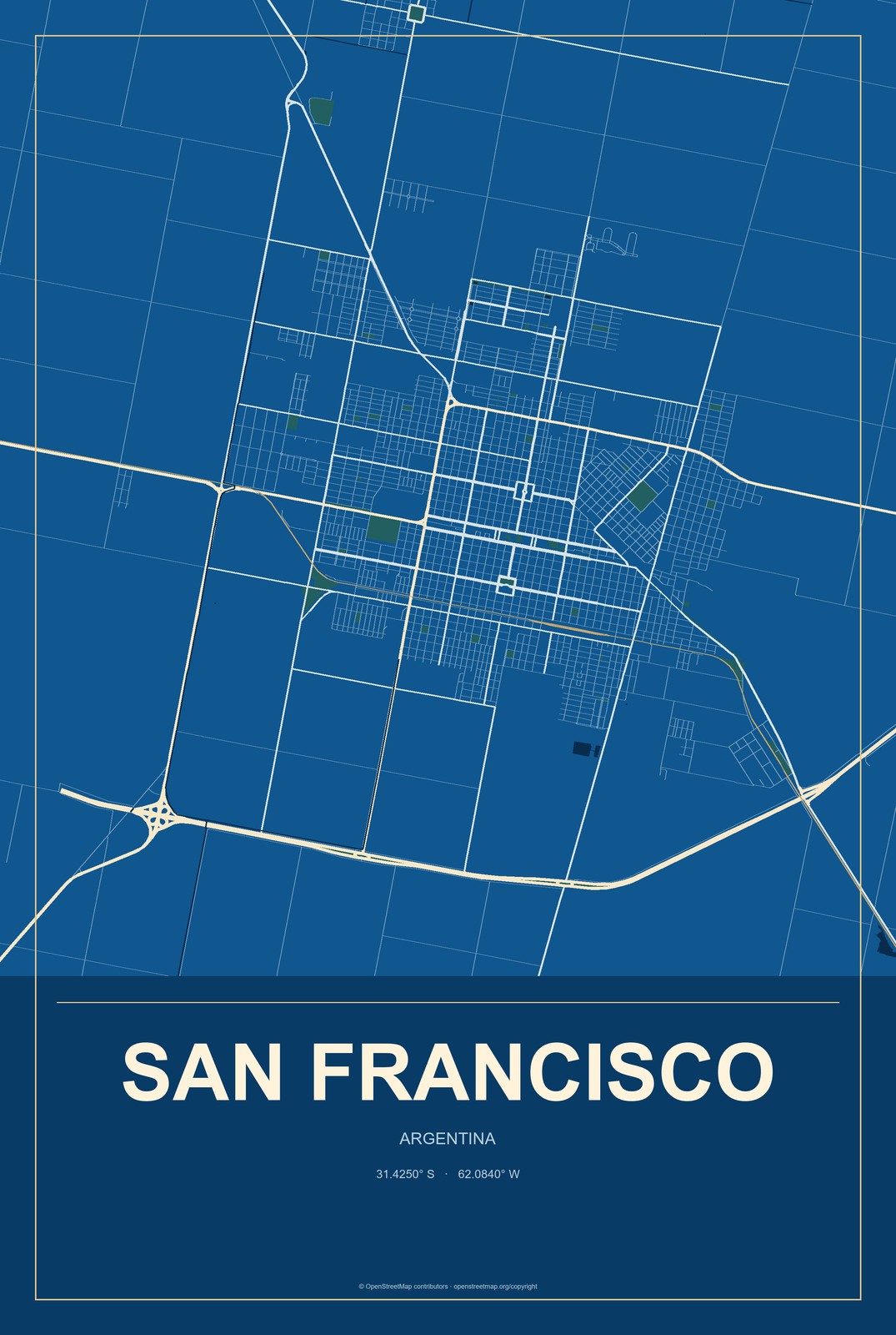 San Francisco, Argentina City Map Aluminum Sign in Harbor Cobalt style