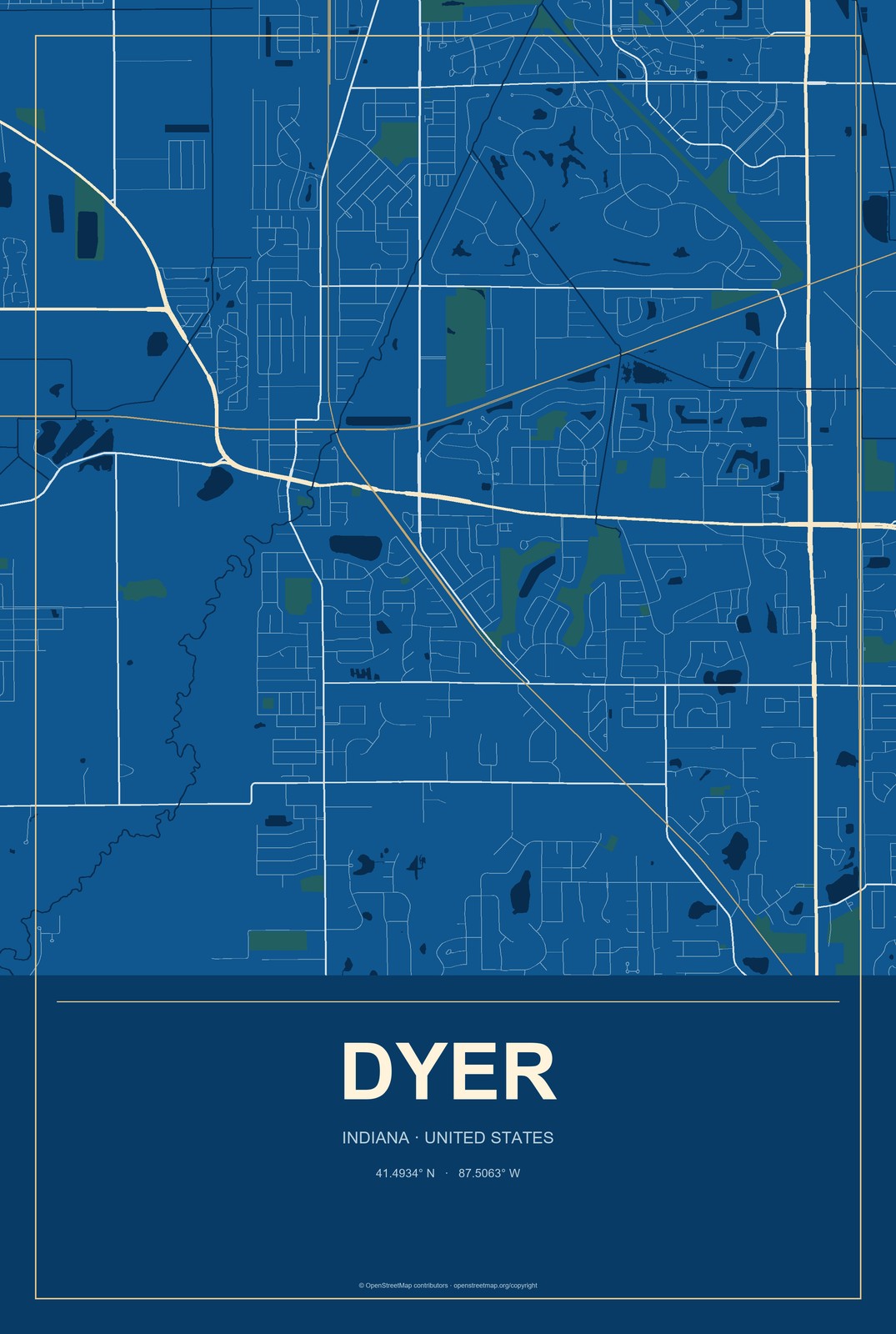 Dyer, Indiana City Map Aluminum Sign in Harbor Cobalt style