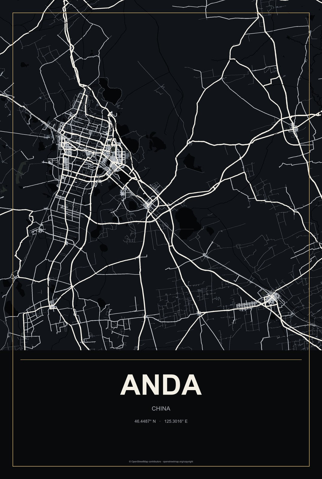 Anda, China City Map Aluminum Sign in Metropolitan Noir style