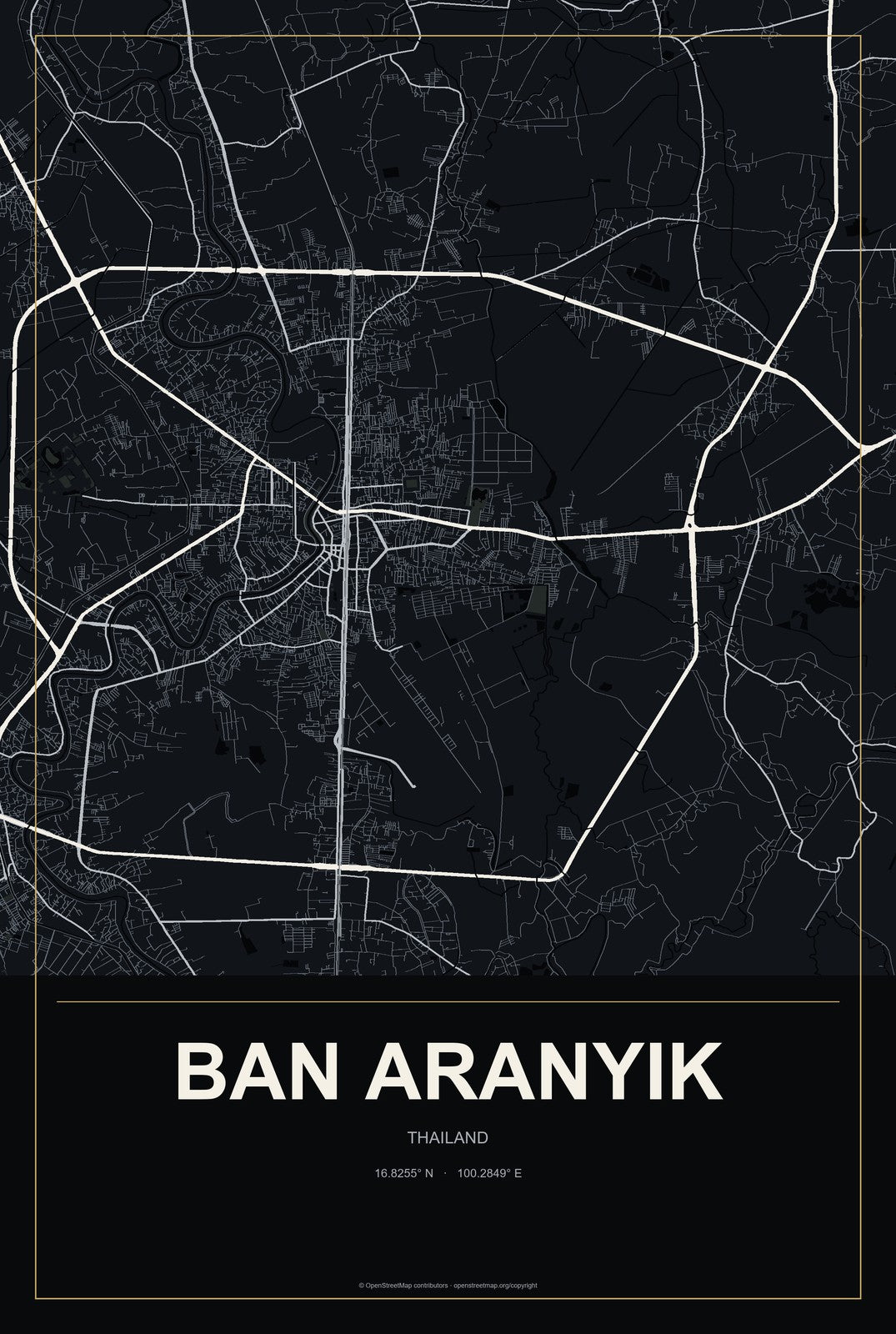 Ban Aranyik, Thailand City Map Aluminum Sign in Metropolitan Noir style