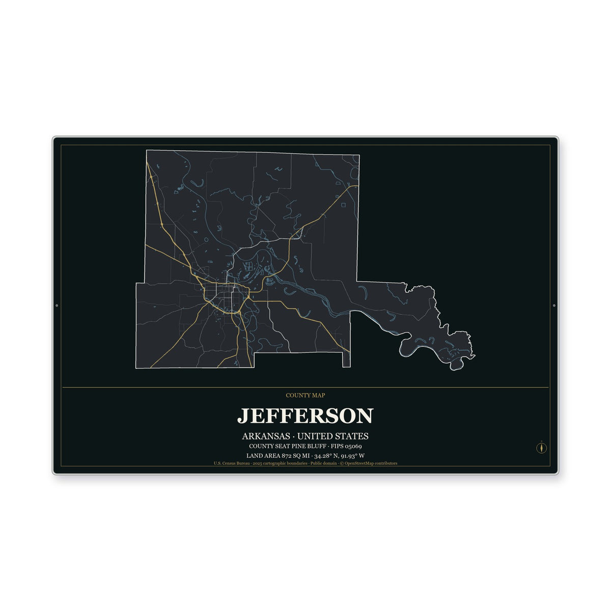 Jefferson County, Arkansas Map Aluminum Sign in Metropolitan Noir style