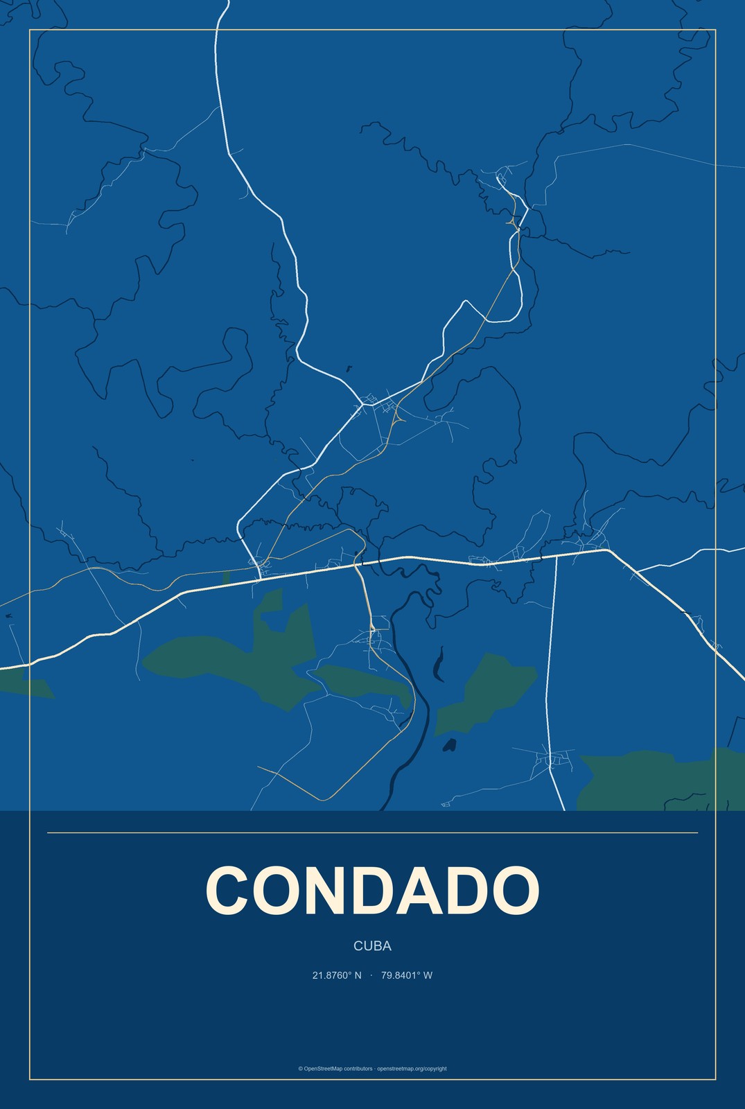 Condado, Cuba City Map Aluminum Sign in Harbor Cobalt style