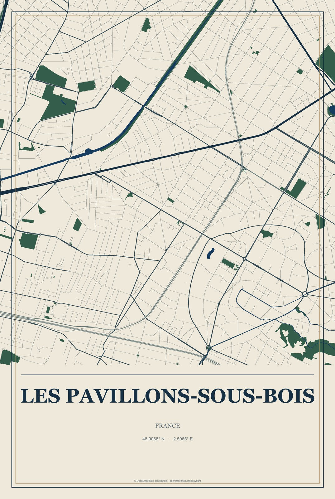 Les Pavillons-sous-Bois, France City Map Aluminum Sign in Coastal Cutout style