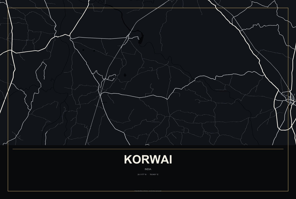 Korwai, India City Map Aluminum Sign in Metropolitan Noir style