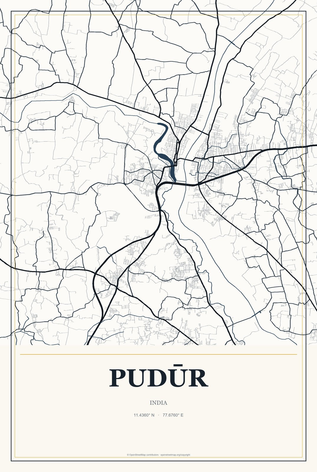 Pudūr, India City Map Aluminum Sign in Citrine Modern style