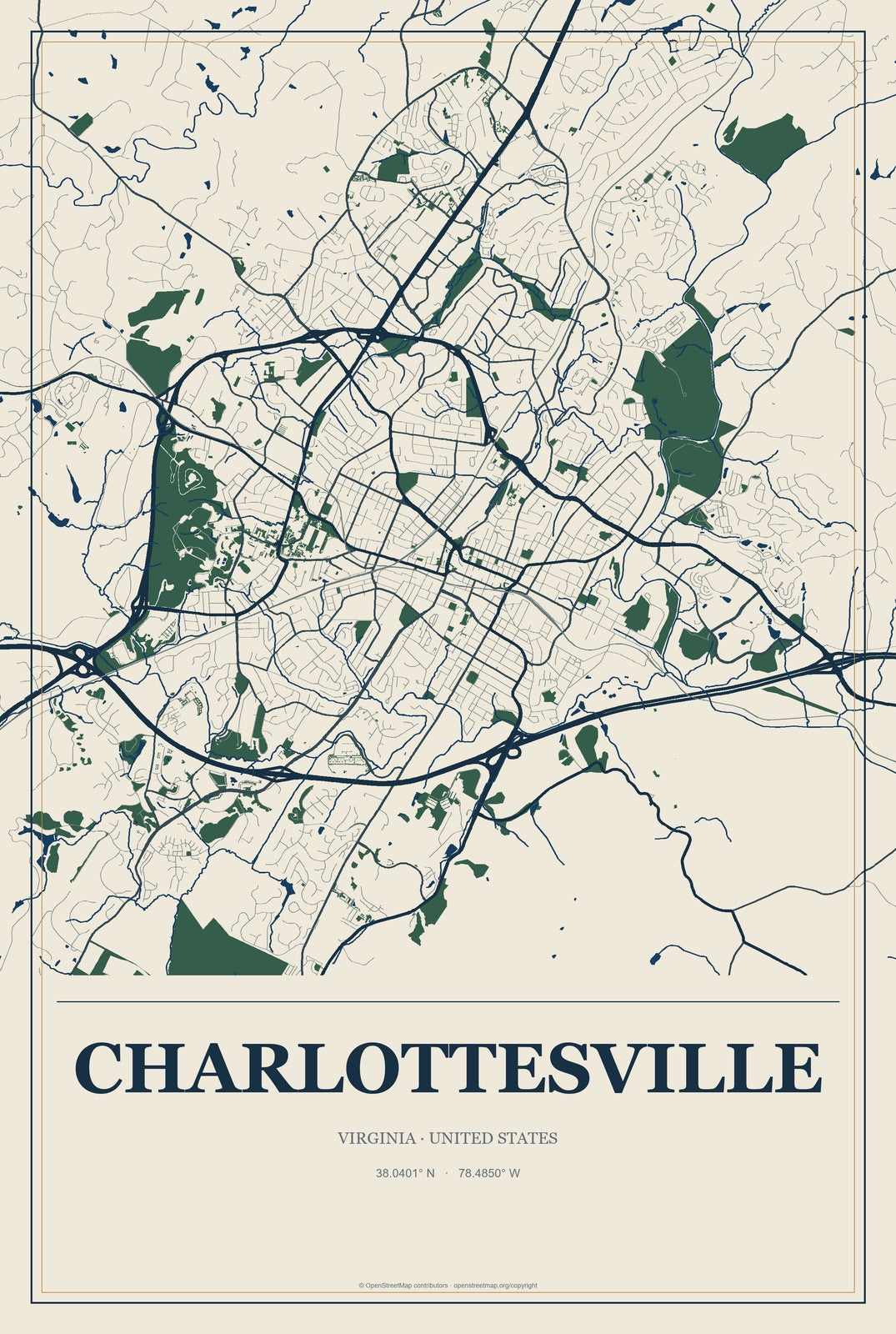 Charlottesville, Virginia City Map Aluminum Sign in Coastal Cutout style