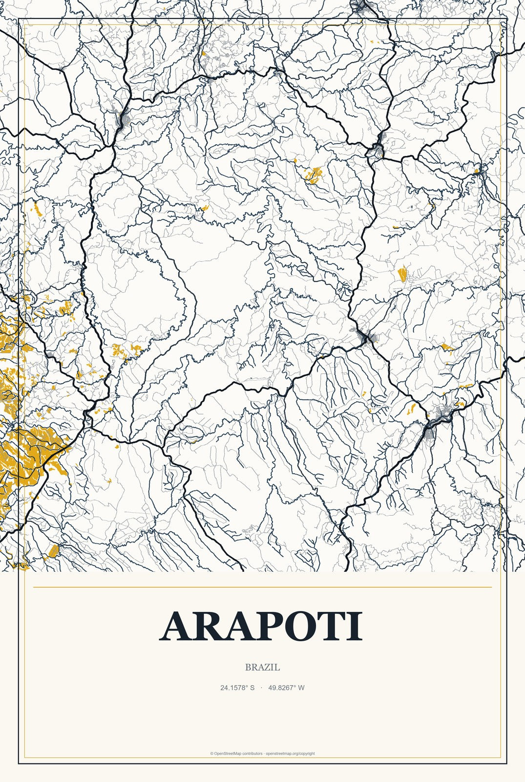 Arapoti, Brazil City Map Aluminum Sign in Citrine Modern style