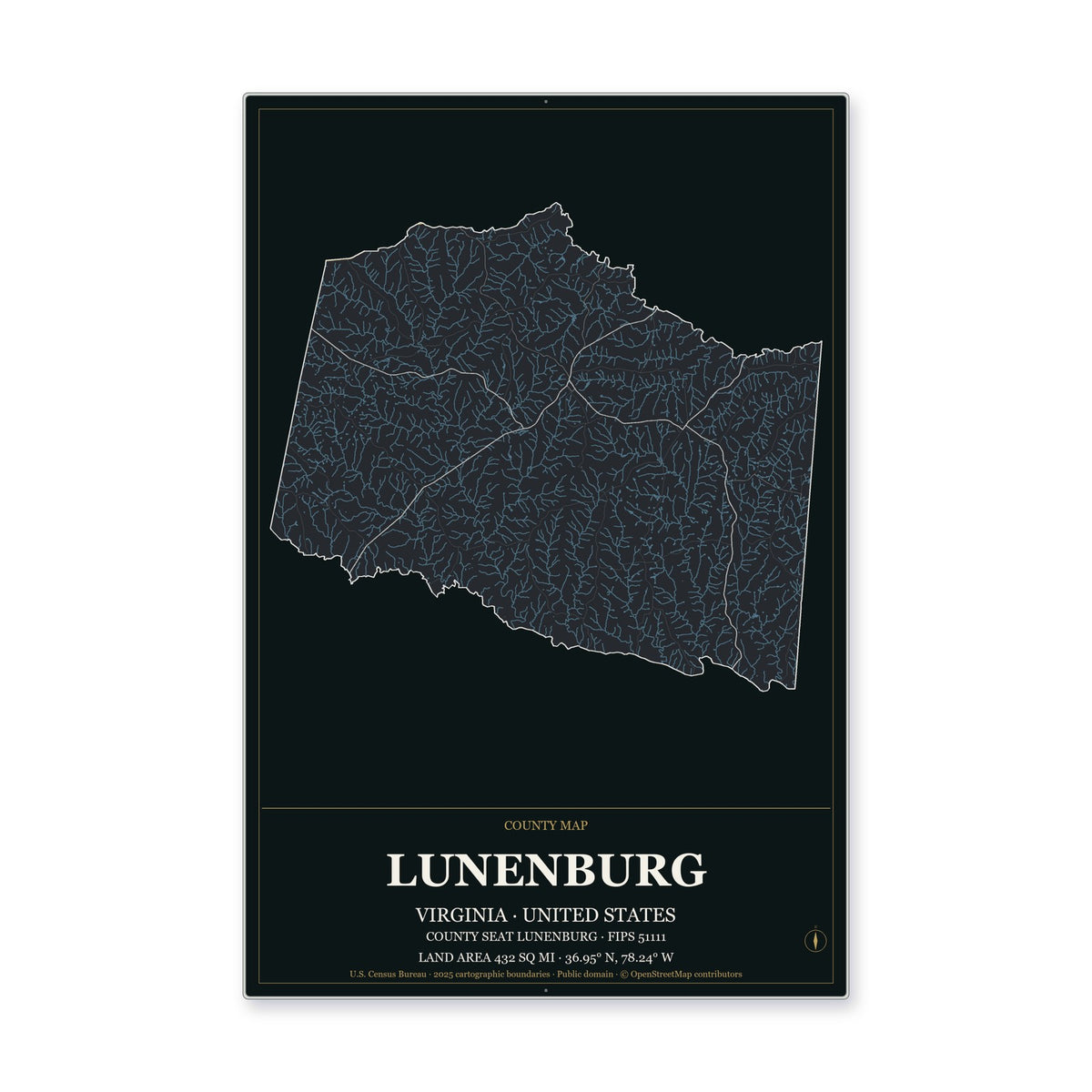 Lunenburg County, Virginia Map Aluminum Sign in Metropolitan Noir style
