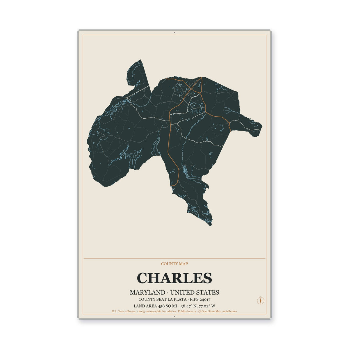 Charles County, Maryland Map Aluminum Sign in Headline Atlas style