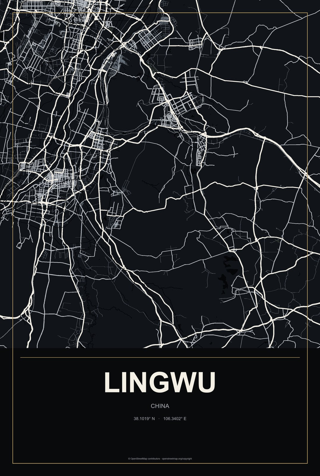 Lingwu, China City Map Aluminum Sign in Metropolitan Noir style