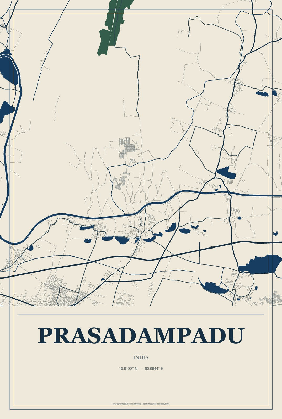 Prasadampadu, India City Map Aluminum Sign in Coastal Cutout style
