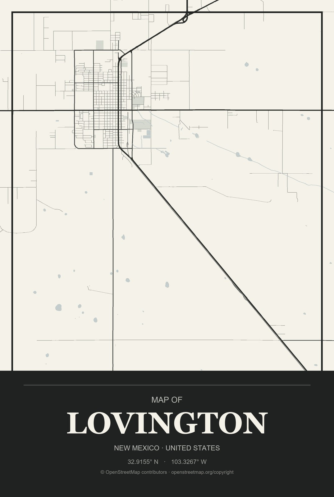 Lovington, New Mexico City Map Aluminum Sign in Museum Plaque style
