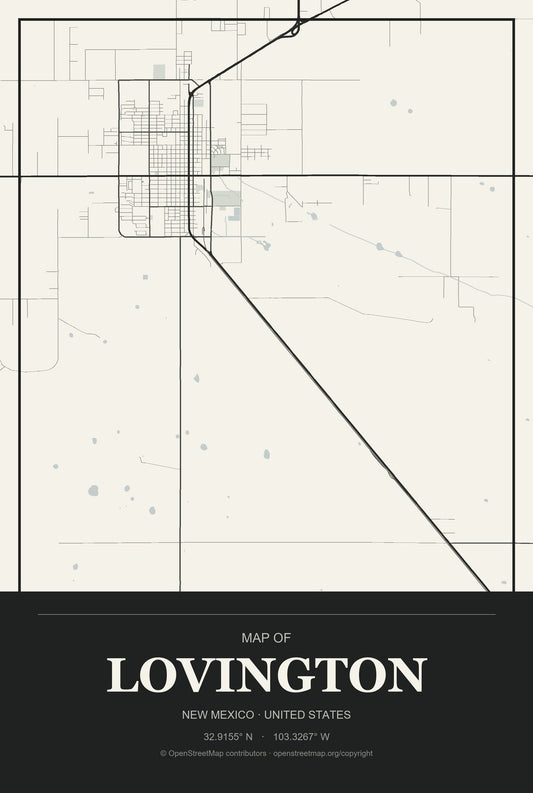 Lovington, New Mexico City Map Aluminum Sign in Museum Plaque style