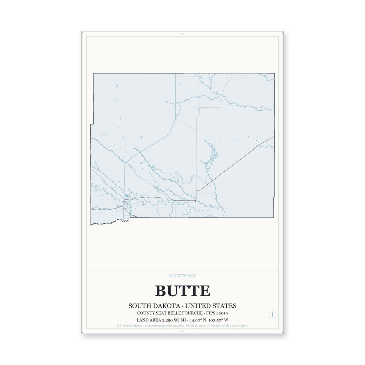 Butte County, South Dakota Map Aluminum Sign in Gallery Air style