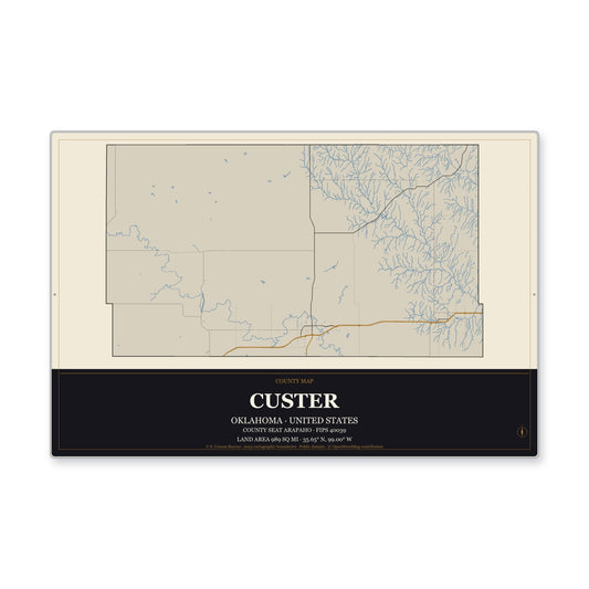 Custer County, Oklahoma Map Aluminum Sign in Museum Plaque style