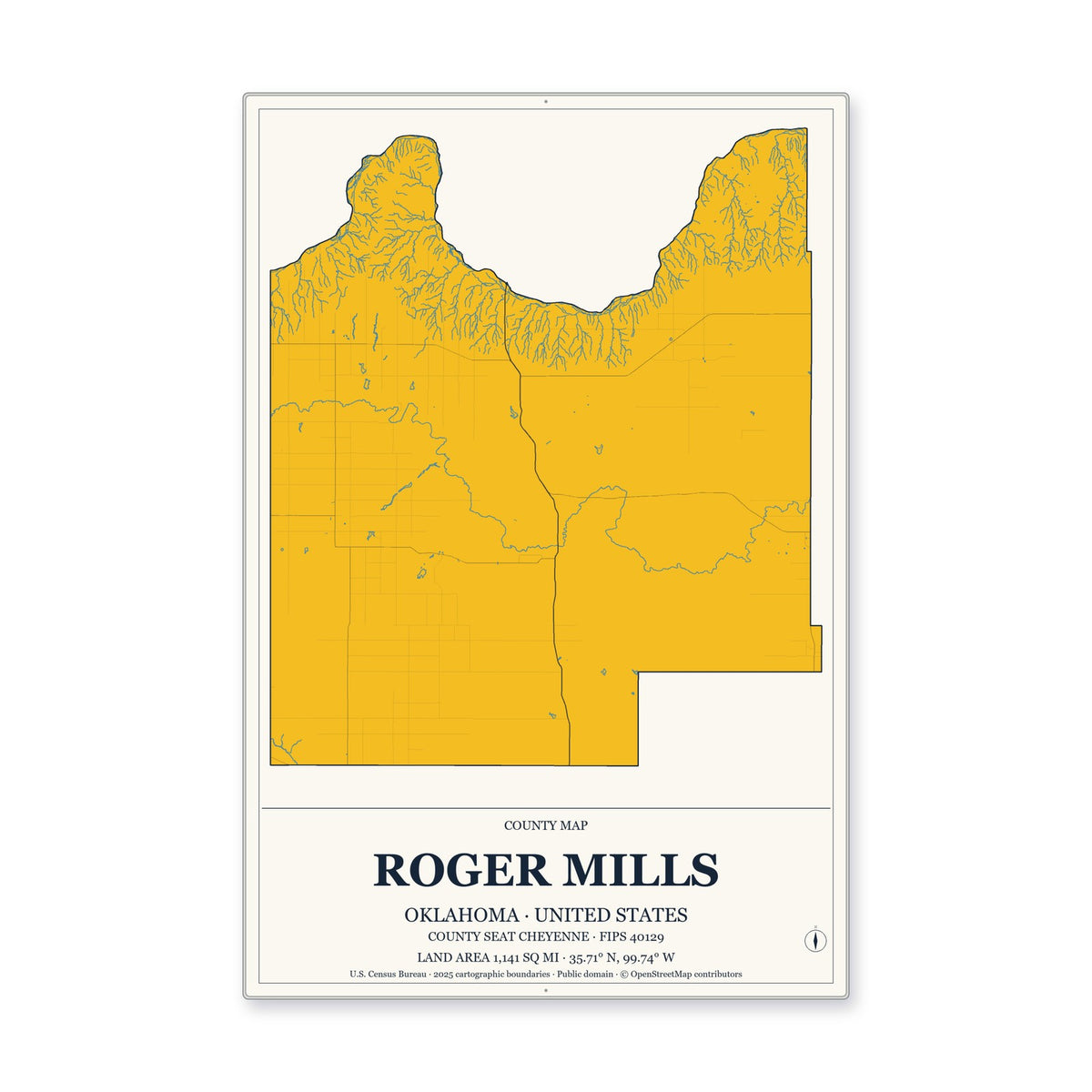 Roger Mills County, Oklahoma Map Aluminum Sign in Citrine Modern style