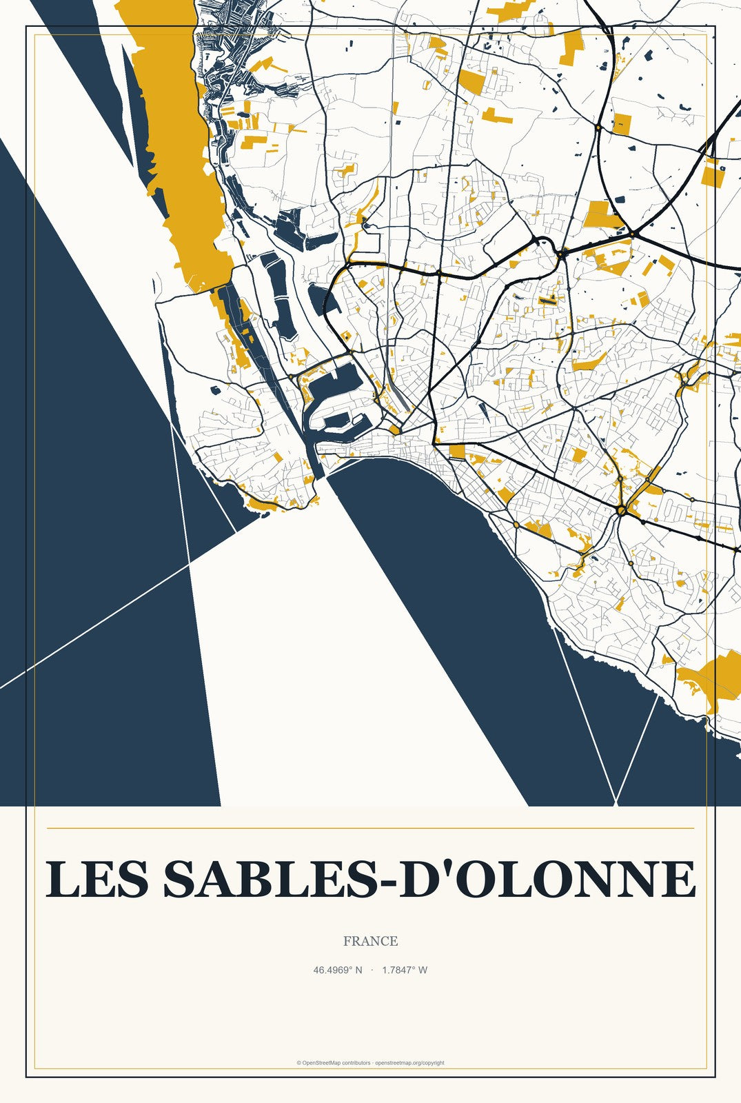 Les Sables-d'Olonne, France City Map Aluminum Sign in Citrine Modern style